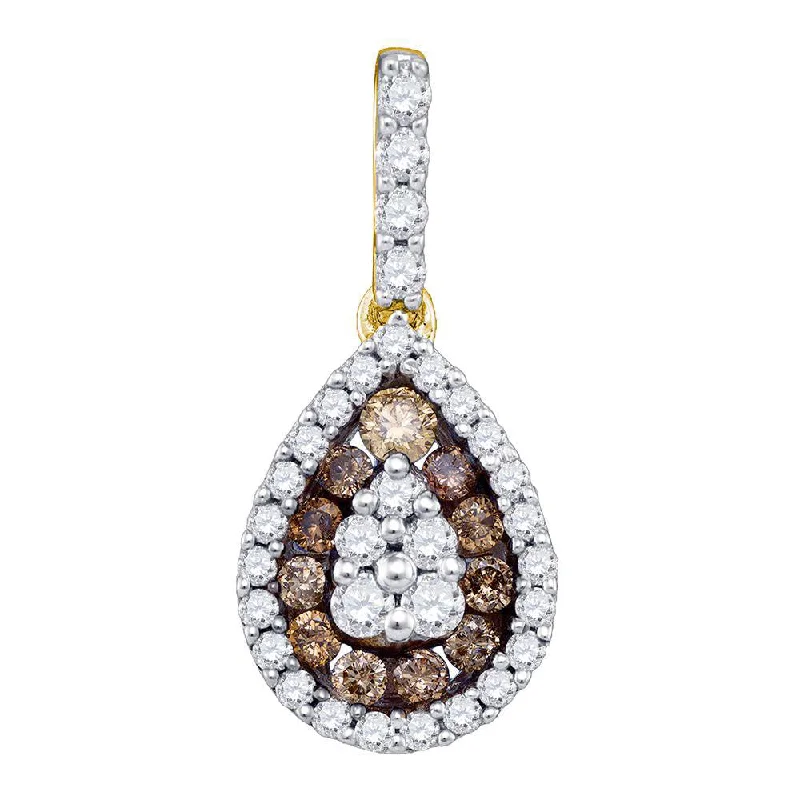 Glossy hematite necklace-10kt Yellow Gold Womens Round Brown Diamond Teardrop Frame Cluster Pendant 1/2 Cttw