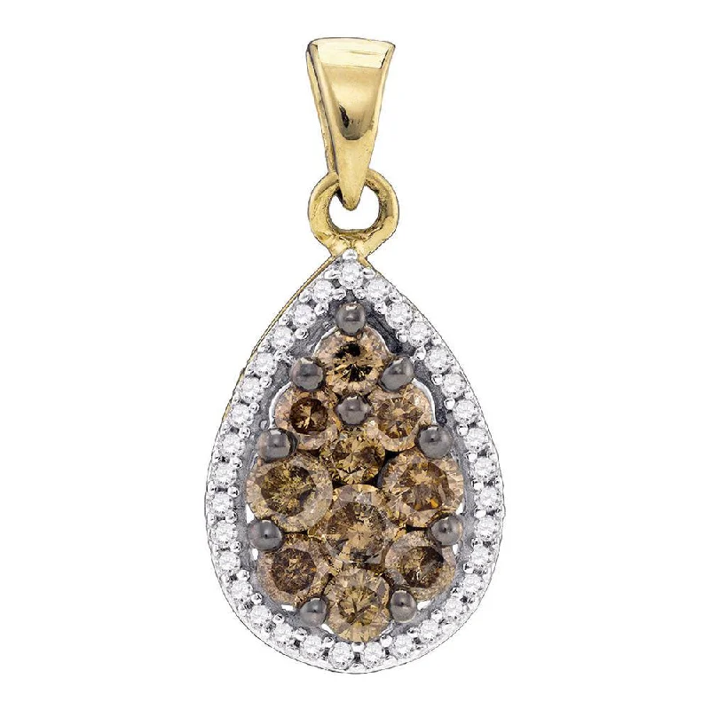 Hand-scored necklace-10kt Yellow Gold Womens Round Brown Diamond Teardrop Pendant 3/4 Cttw