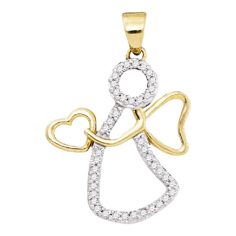 Cut-out necklace-10kt Yellow Gold Womens Round Diamond Guardian Angel Heart Pendant 1/8 Cttw