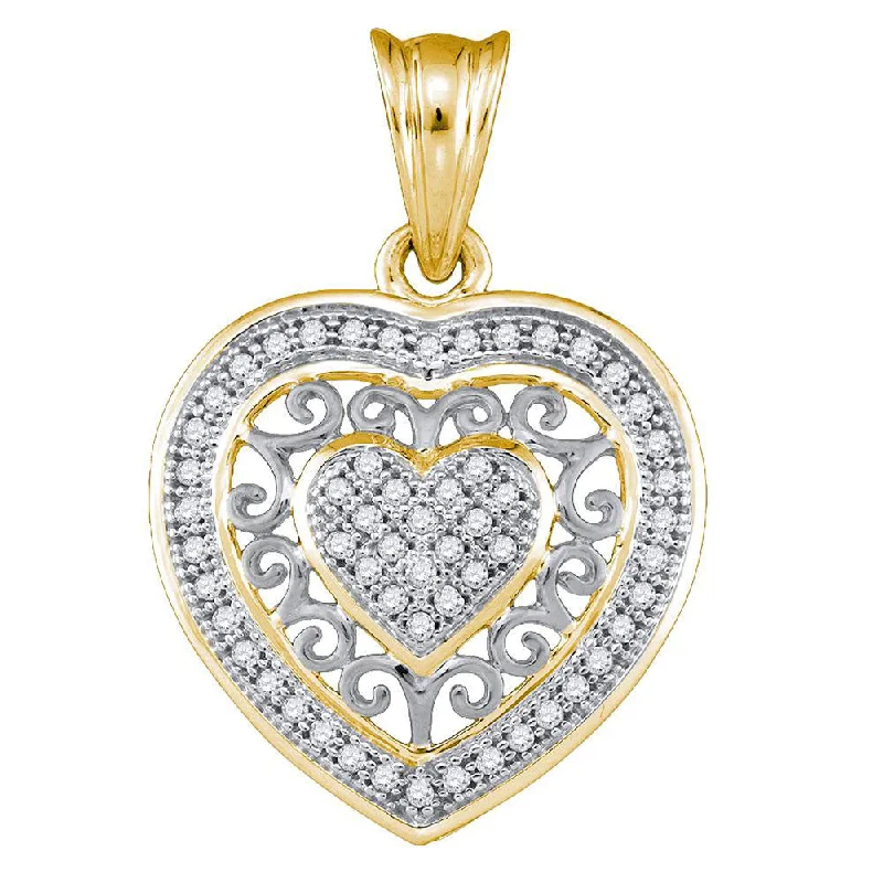 Faceted crystal necklace-10kt Yellow Gold Womens Round Diamond Openwork Heart Cluster Pendant 1/6 Cttw