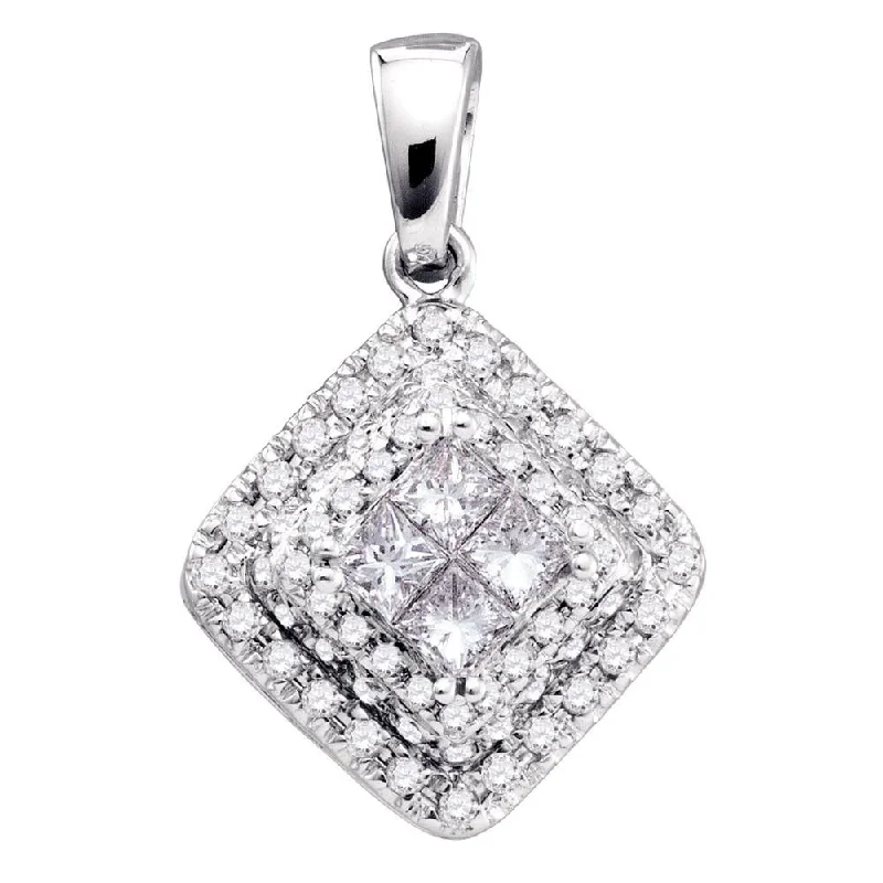 Flat cabochon necklace-14kt White Gold Womens Princess Diamond Square Frame Cluster Pendant 1/2 Cttw