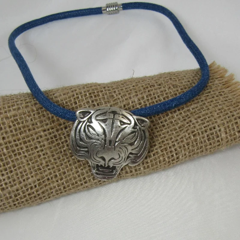 Classic citrine necklace-Man's Dark Blue Denim with Tiger Pendant Necklace