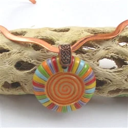 Molten gold necklace-Multi-colored Large  Pendant on Copper Neck Wire Handmade