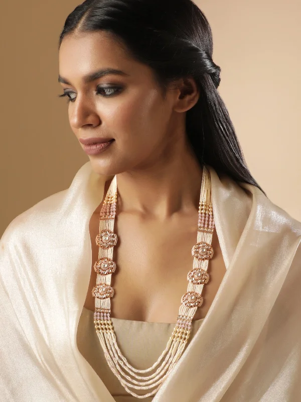 Shiny pewter necklace-Rubans 18K Gold toned AD & Kundan Studded cream pearl long necklace set