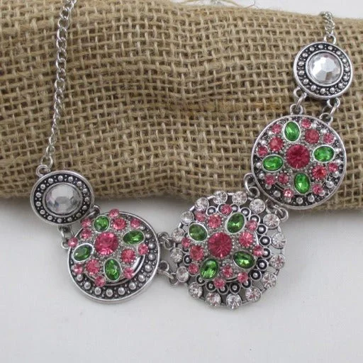 Frilled edge necklace-Pink & Green Crystal Flower  Multi Charm Necklace