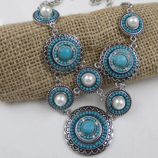 Rounded gem necklace-Turquoise Pearl & Silver Boho Multi Charm Necklace