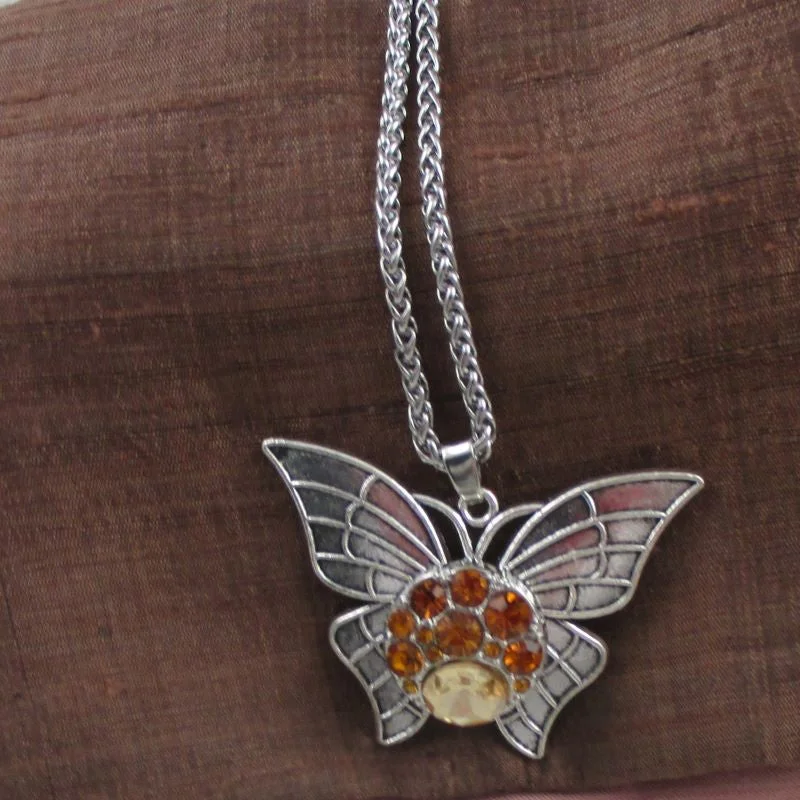 Subtle mesh necklace-Golden Crystal  & Silver Buterfly Pendant Necklace