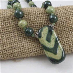 Glazed gem necklace-Kazuri Pendant Necklace in Dark Green & Light  Green African Beads