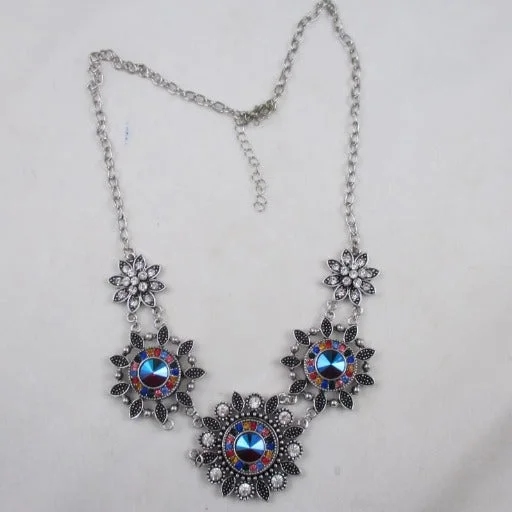 Low-set gem necklace-Red & Blue Crystal Flower Multi Charm Necklace