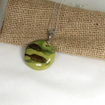 Suspended gem necklace-Olive Green Handmade Kazuri Pendant on Silver Chain