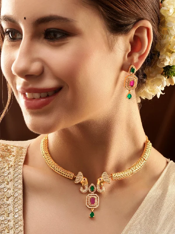 Six-gem necklace-22K Gold-Plated Ruby & Emerald CZ Stone Studded Elephant Motif Necklace Set