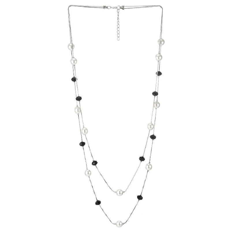 Pearlized opal necklace-Beads Charms Statement Necklace Two-Strand Long Chains with Black Crystal and Pearl, Fashionable