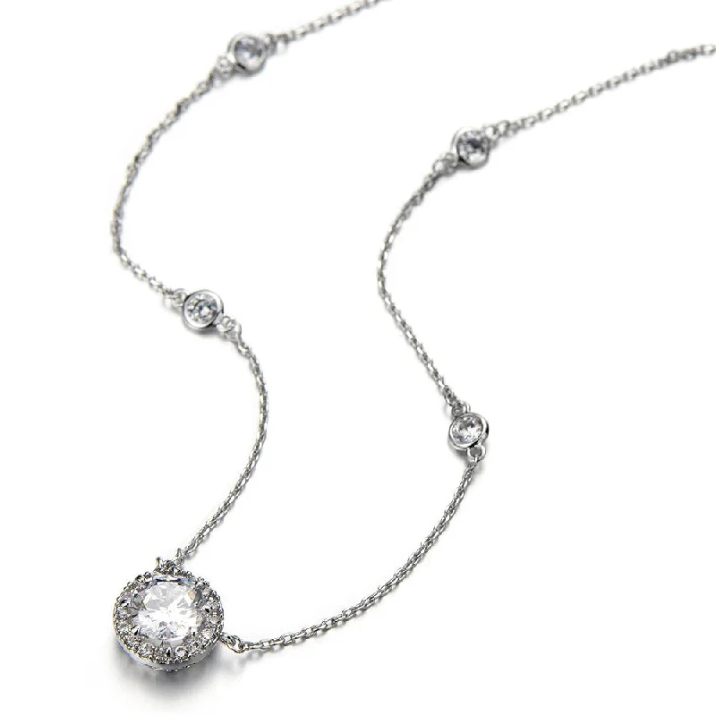 Single pearl necklace-Beautiful 7mm Cz Cubic Zirconia Round Solitaire Necklace with 17 Inches Chain