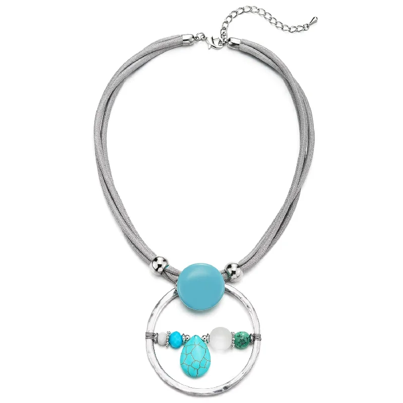 Nested gem necklace-Beautiful Turquoise Gem Stone Chain Circle Charm Cotton Rope Chocker Collar Necklace Light Grey Blue