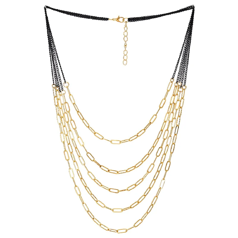 Cut-out necklace-Black Gold Statement Necklace Waterfall Multi-Strand Chains with Oval Rolo Chain Charm Pendant Dress