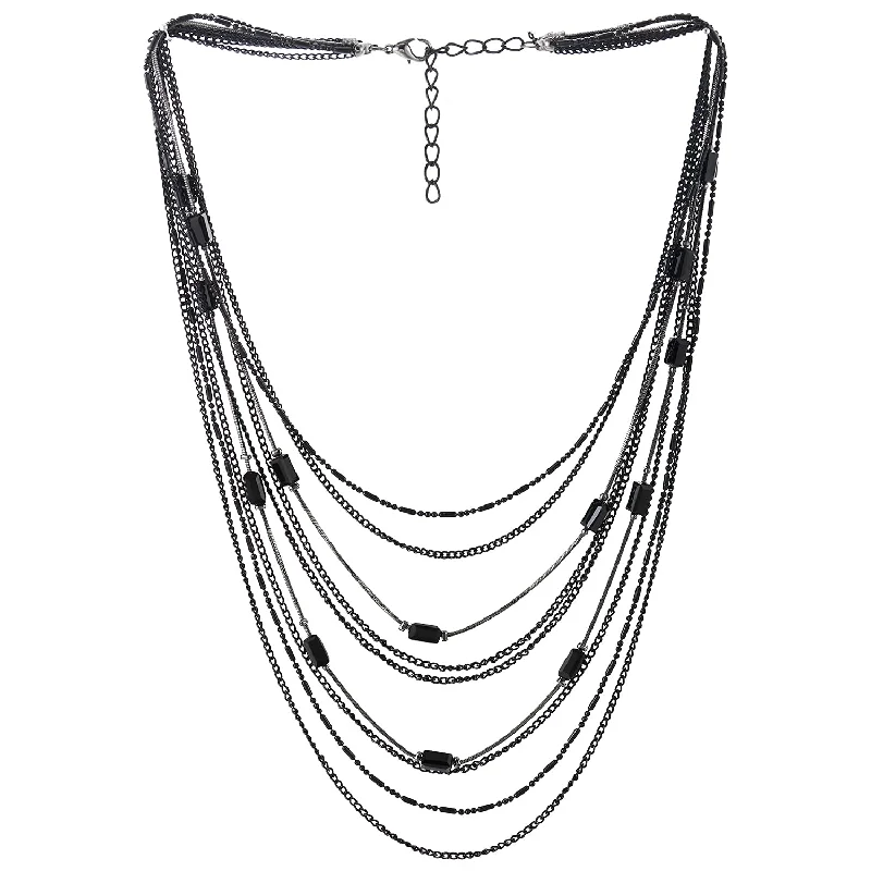 Open-sun necklace-Black Statement Choker Collar Necklace Waterfall Multi-Strand Chain with Rectangle Crystal Bead Charm