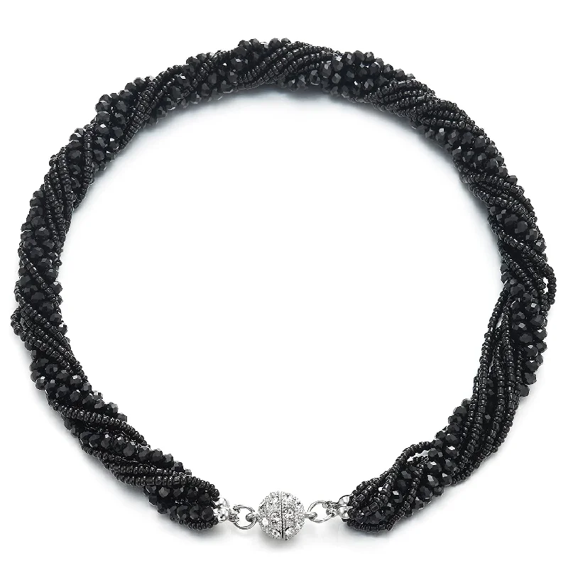 Dense sapphire necklace-Black Statement Necklace Multi-Layer Beads Crystal Braided Chain Choker Collar Magnetic Clasp