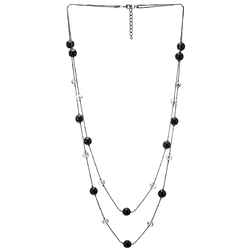 Bent stone necklace-Black Statement Necklace Two-Strand Long Chains with Transparent Crystal Beads Charms, Fashionable