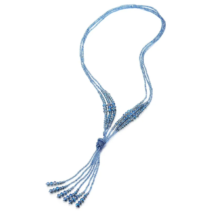 Luminous iolite necklace-Boho Chic Lariat Necklace Tassel Pendant Pastel Blue Crystal Bead Three-strand Long Chain Y-Shape