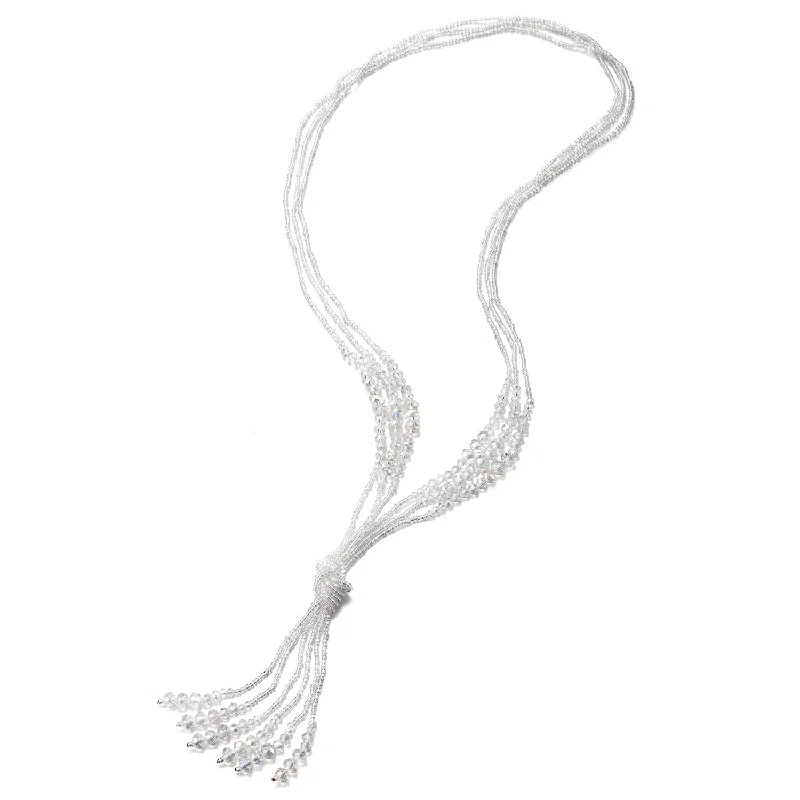 Swept design necklace-Boho Chic Lariat Necklace Tassel Pendant White Crystal Bead Three-Strand Long Chain Y-Shape