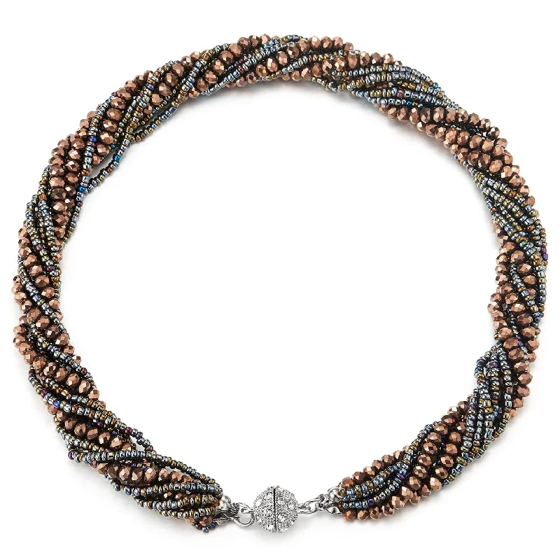 Bold moonstone necklace-Brown Gold Statement Necklace Multi-Layer Beads Crystal Braided Chain Choker Collar Magnetic Clasp