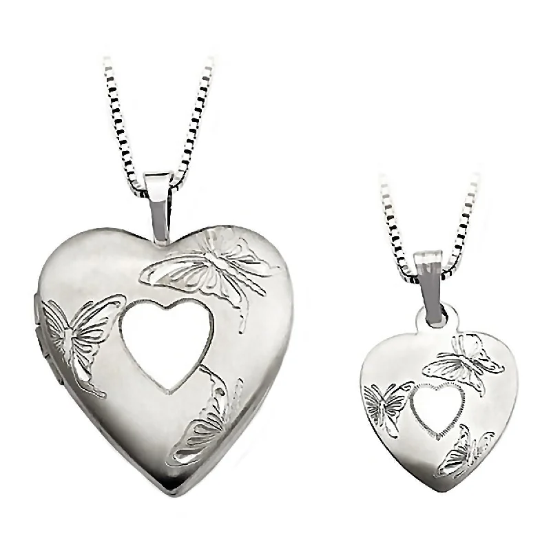 Frilled edge necklace-Butterfly and Heart Just Like Mommy 925 Silver Locket and Pendant Necklace Set