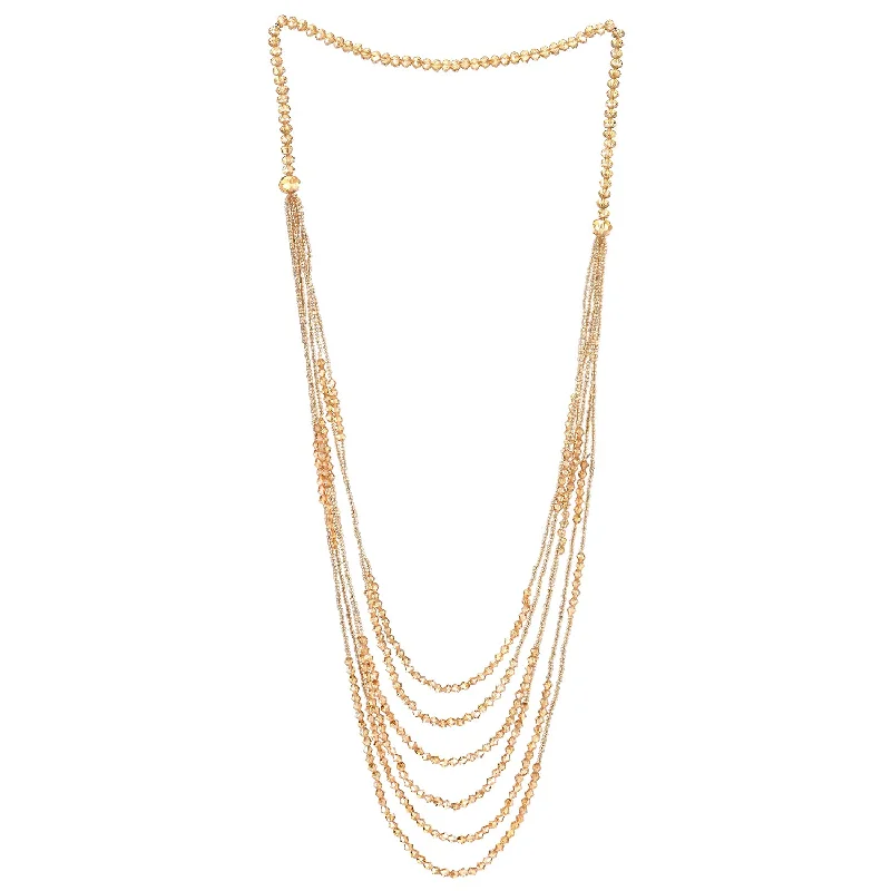 Vivid stone necklace-Champagne Gold Long Statement Necklace Multi-Strand Waterfall Chains with Crystal Beads Charms Pendant