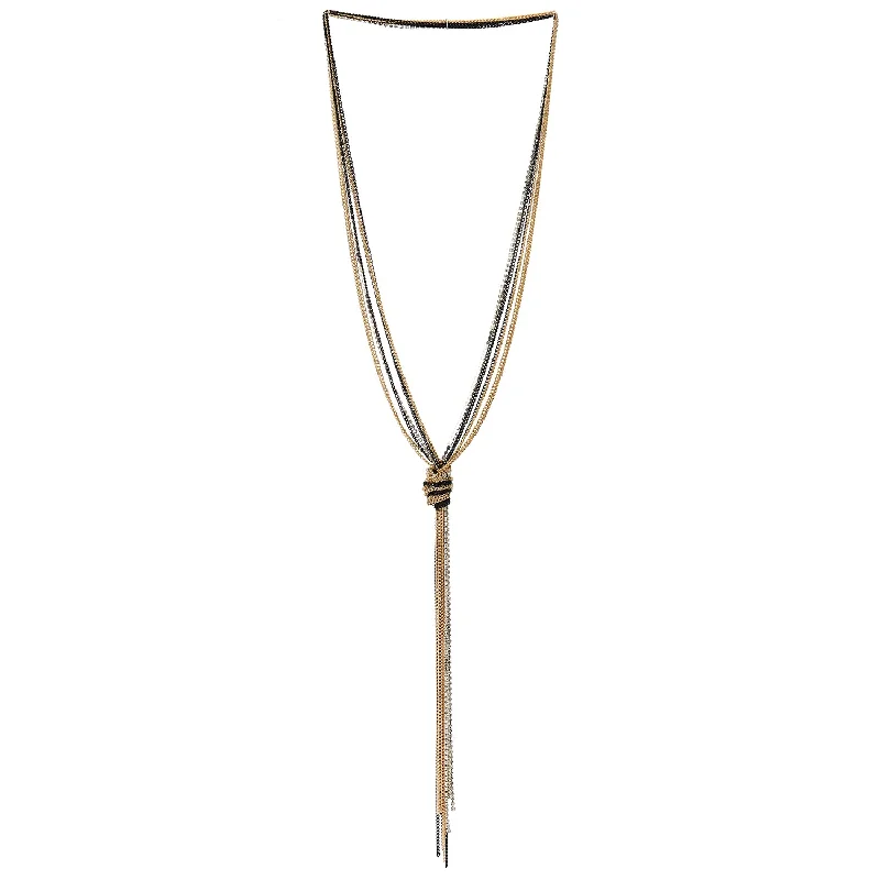 Furrowed design necklace-Chic Gold Black Lariat Necklace Tassel Pendant with Rhinestones, Multi-strand Long Chains Y-Shape