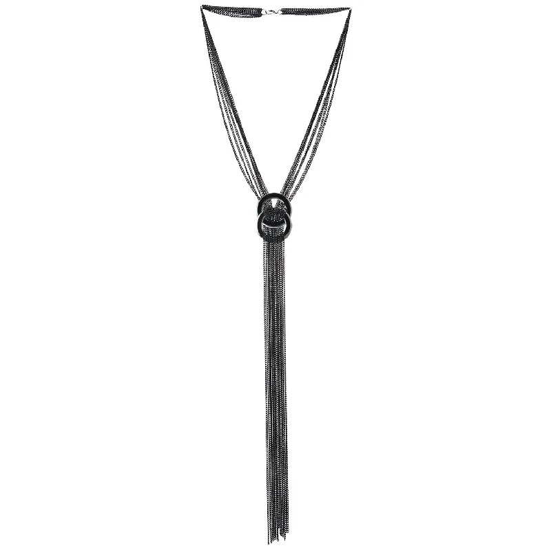 Vibrant diamond necklace-Black Multi-Strand Chains Necklace Two Interlocking Circles Charm Long Tassel Pendant