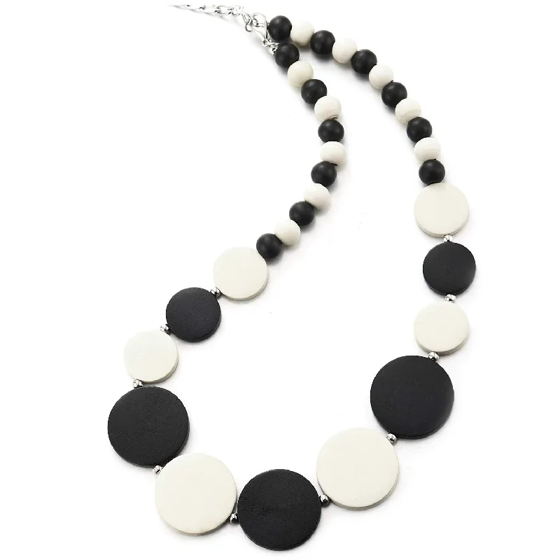 Ridged necklace-Black White Wood Circle Disc Beads Chain Choker Collar Statement Necklace, Dress Party Event, Unique