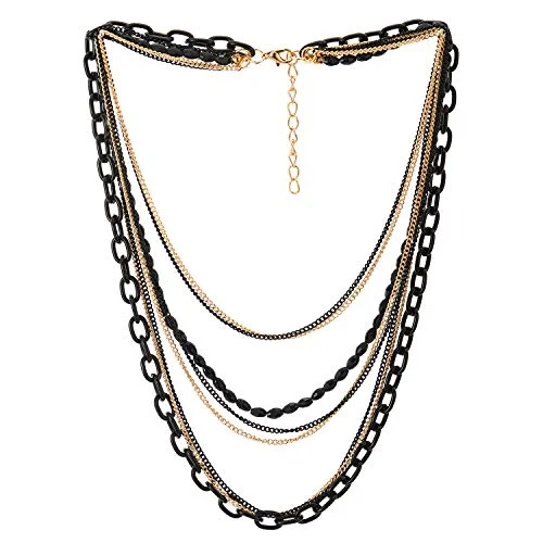 Delicate-band necklace-Choker Collar Statement Necklace Waterfall Multi-Strand Black Gold Chains with Gem Stone Bead String