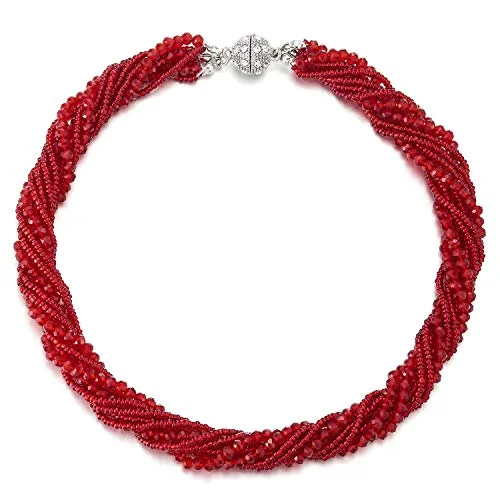 Luminous ruby necklace-Dark Blue Statement Necklace Multi-Layer Beads Crystal Braided Chain Choker Collar Magnetic Clasp