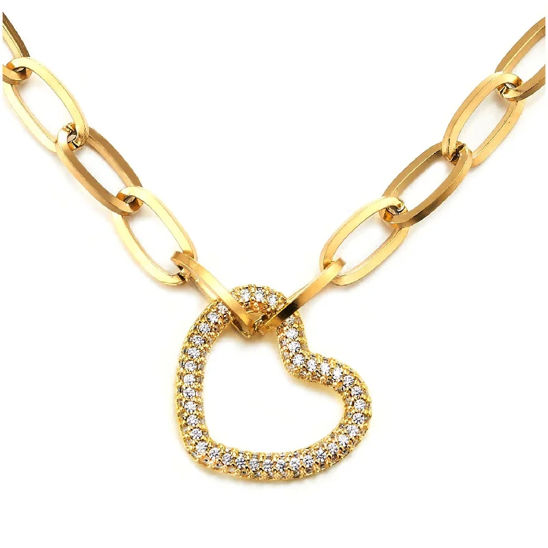 Classic citrine necklace-Gold Color Link Chain Choker Collar Statement Necklace with Dangling Rhinestones Pave Open Heart