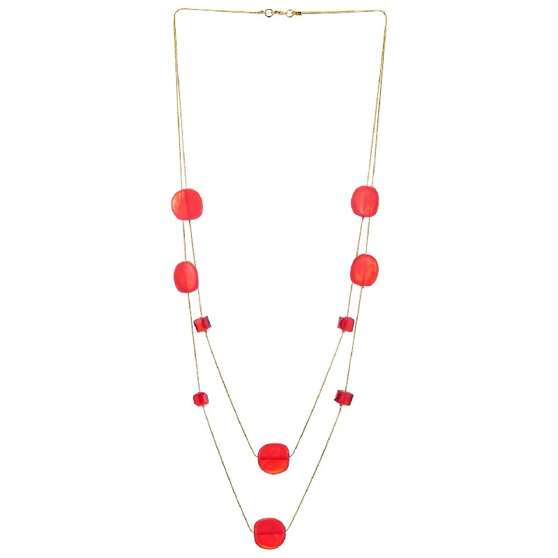 Scored edge necklace-Gold Statement Necklace Two-Strand Long Chain with Bright Red Cube Crystal Beads and Circle Charms