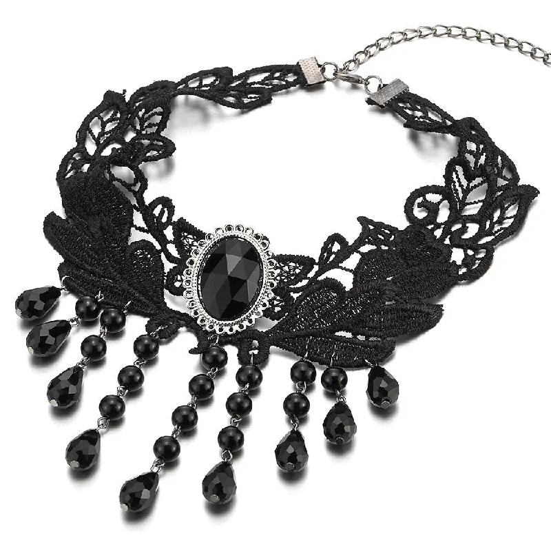 Raised stone necklace-Gothic Victorian Nostalgic Black Lace Choker Necklace with Dangling Black Bead Charms Link Chain