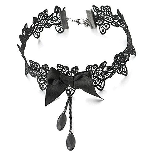 Linked-heart necklace-Gothic Victorian Nostalgic Women Black Lace Bow Choker Necklace with Black Chain Beads Charm Pendant