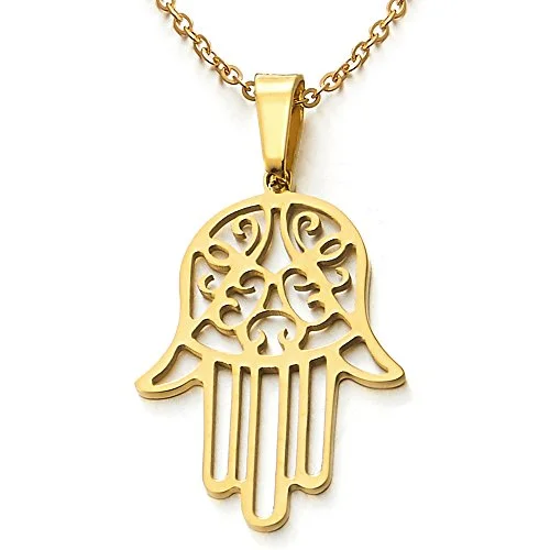 Blocked chain necklace-Hamsa Hand of Fatima Pendant Necklace Stainless Steel with 20 Inches Chain