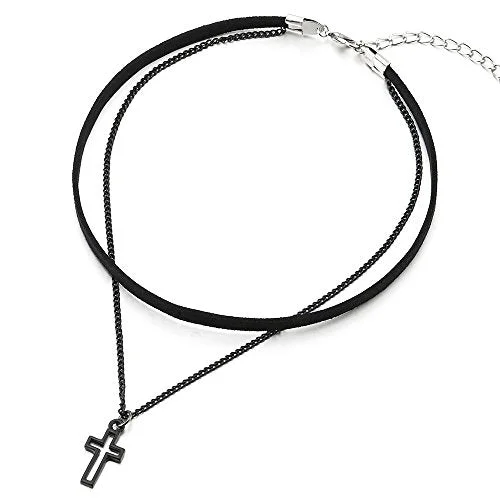 Overlapped necklace-Ladies Womens Two-Rows Black Choker Necklace with Black Chain and Cross Charm Pendant