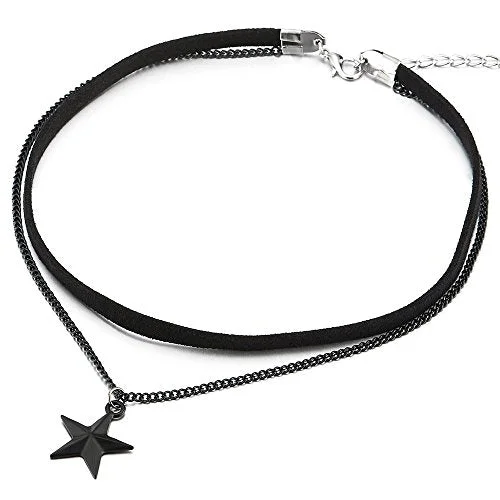 Single pearl necklace-Ladies Womens Two-Rows Black Choker Necklace with Black Chain and Pentagram Star Charm Pendant