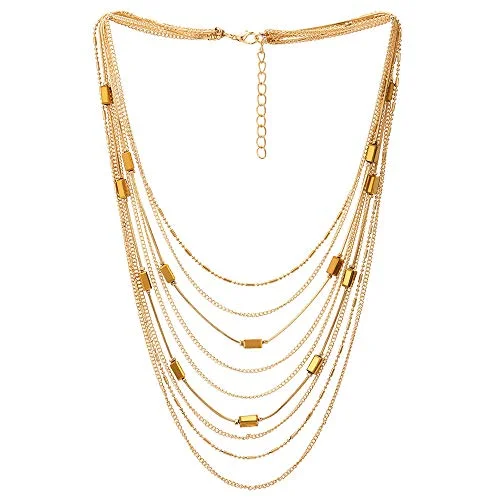 Broad-band necklace-Statement Choker Collar Necklace Waterfall Multi-Strand Chain with Rectangle Crystal Bead Charm