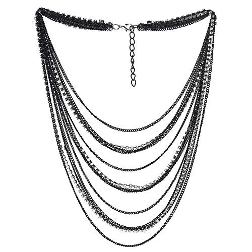 Frilled edge necklace-Waterfall Multi-Strand Chains Statement Collar Necklace with Rhinestones Chains, Dress