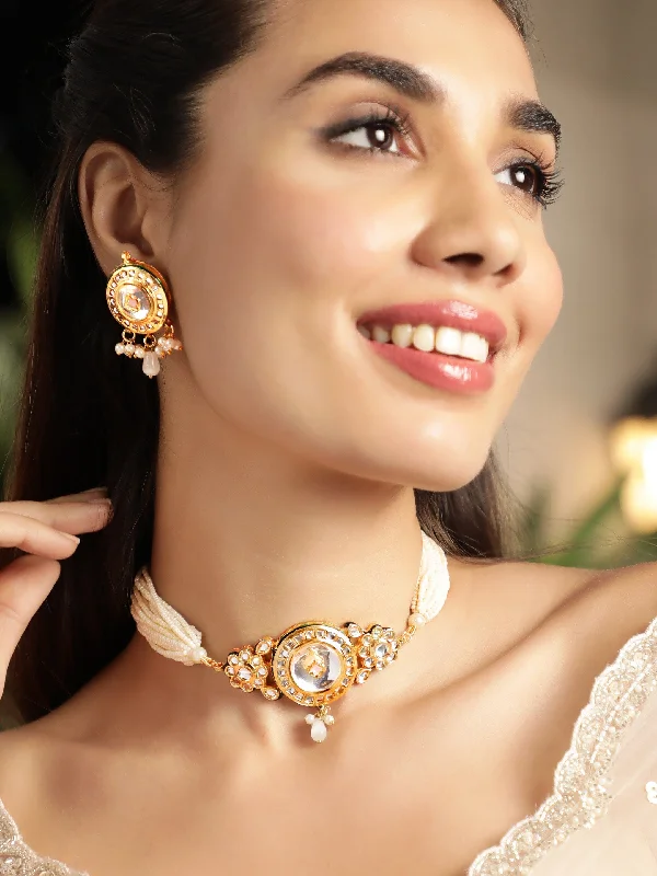 Shining gem necklace-Rubans 22K Gold plated Enamel And Kundan crystal with pearl beaded choker Necklace Set