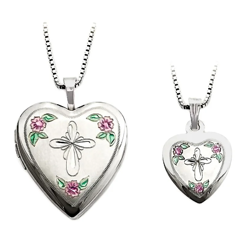 Furrowed design necklace-Cross and Flowers Just Like Mommy 925 Silver Locket and Pendant Necklace Set