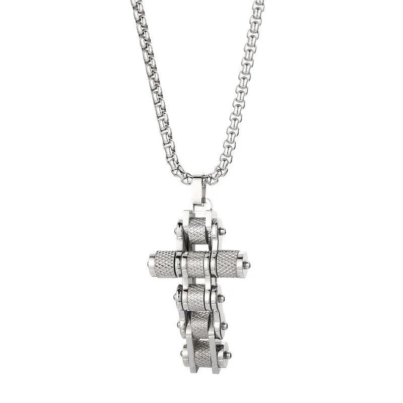 Faded silver necklace-Cycolinks Titanium Steel Bike Chain Cross Necklace