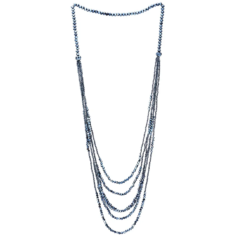 Flush necklace-Dark Blue Long Statement Necklace Multi-Strand Waterfall Chains with Crystal Beads Charms Pendant