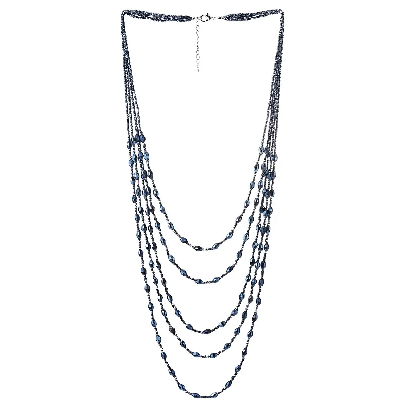 Flecked enamel necklace-Dark Blue Oval Beads Statement Necklace Multi-Strand Long Chains with Crystal Charms Pendant