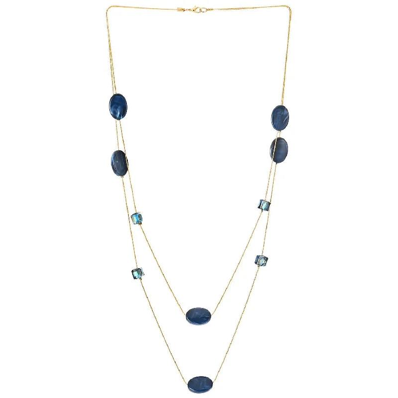 Tilted gem necklace-Elegant Gold Statement Necklace Two-Strand Long Chain with Blue Cube Crystal Beads Oval Resin Charms