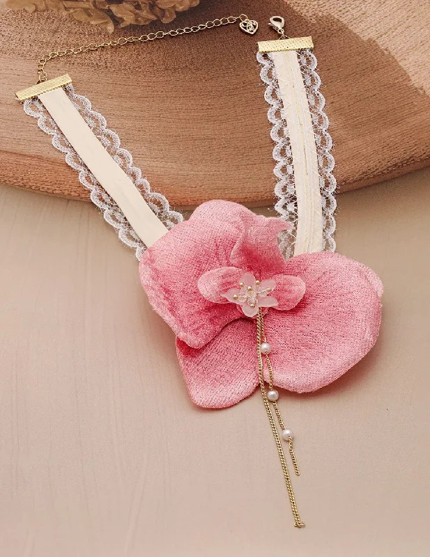 Scored edge necklace-Elegant Pink Orchid Flower Choker Necklace with Lace Detailing