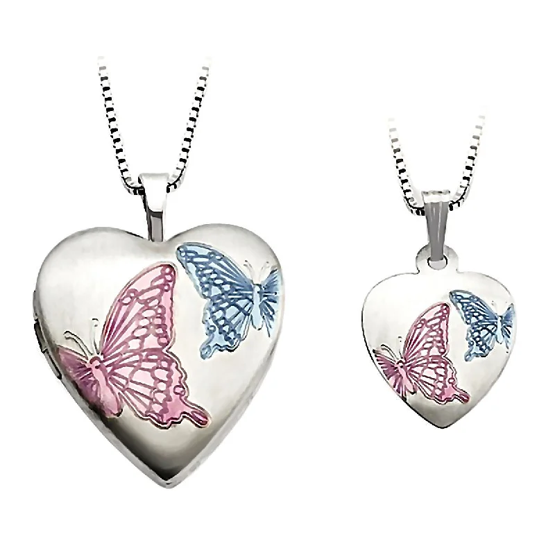 Textured necklace-Enamel Butterfly Just Like Mommy 925 Silver Locket and Pendant Necklace Set