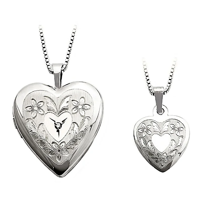 Faint finish necklace-Floral Just Like Mommy Genuine Diamond Silver Locket and Pendant Necklace Set